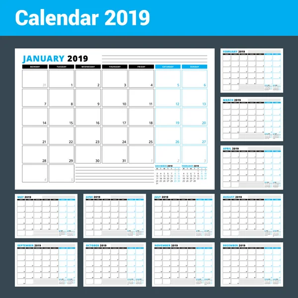 Takvim şablonu 2019 yıl için. İş planlayıcısı şablonu. İleti örneği tasarımı. Hafta Pazartesi günü başlar. 12 ay kümesi. Vektör çizim