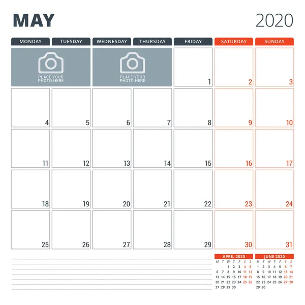 Calendar planner for 2020. Stationery design template. Week starts on Monday. Vector illustration — Stock Vector
