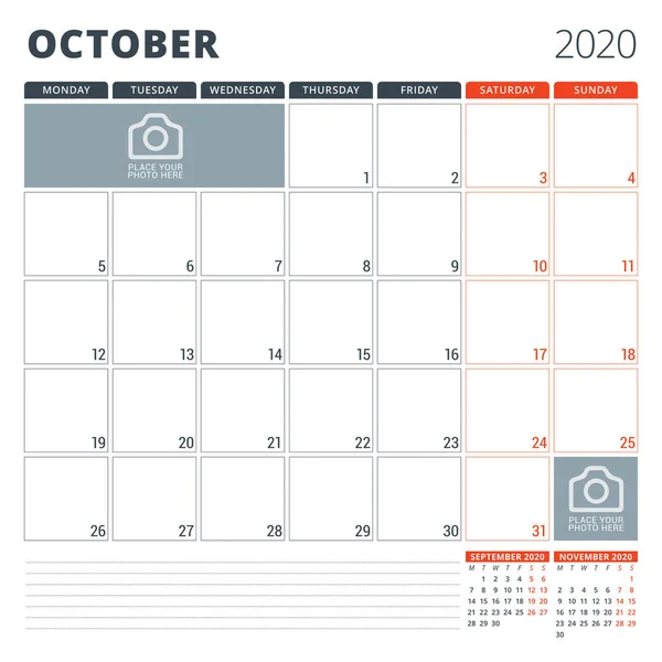 Perencana kalender untuk 2020. Templat desain alat tulis. Minggu dimulai pada hari Senin. Ilustrasi vektor - Stok Vektor