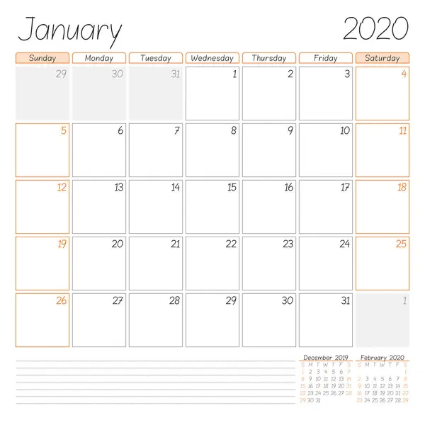 Calendar planner for January 2020. Week starts on Sunday. Vector illustration — Stock Vector