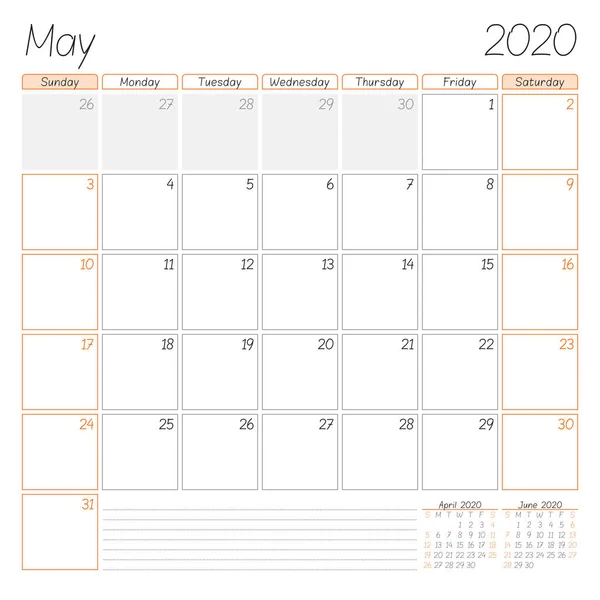 Calendar planner for May 2020. Week starts on Sunday. Vector illustration — Stock Vector