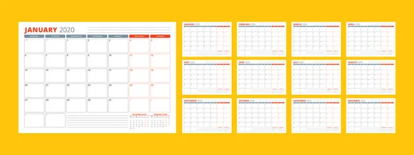 Шаблон планировщика календаря на 2020 год. Канцелярский дизайн. Неделя начинается в понедельник. Набор из 12 месяцев. Векторная миграция — стоковый вектор