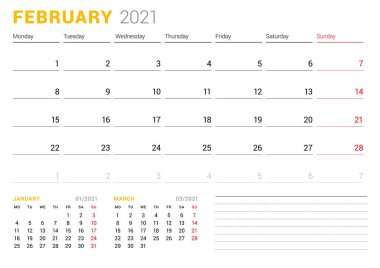 Şubat 2021 için takvim şablonu. Kırtasiye tasarımı. Hafta pazartesi başlıyor. Vektör illüstrasyonu