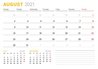 Ağustos 2021 'in takvim planı, aylık iş planlayıcısı. Kırtasiye tasarımı. Hafta pazartesi başlıyor. Vektör illüstrasyonu