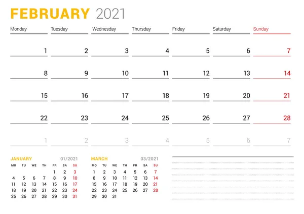 Kalender Mall För Februari 2021 Business Månatliga Planerare Pappersvarudesign Veckan — Stock vektor