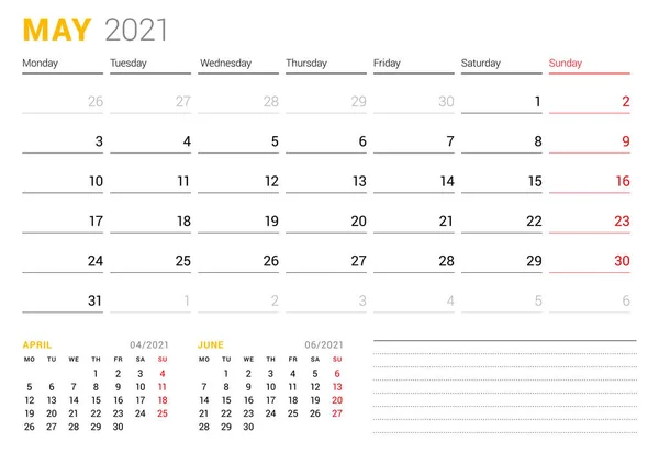 2021年5月的日历模板 商业月度计划员 文具的设计 周从星期一开始 矢量说明 — 图库矢量图片