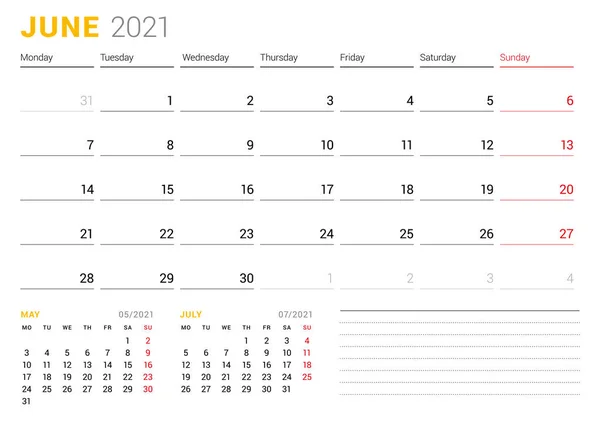 Szablon Kalendarza Czerwiec 2021 Projekt Papeterii Tydzień Zaczyna Się Poniedziałek — Wektor stockowy
