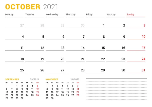 Szablon Kalendarza Październik 2021 Projekt Papeterii Tydzień Zaczyna Się Poniedziałek — Wektor stockowy