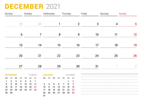 Шаблон Календаря Грудень 2021 Року Дизайн Канцелярського Приладдя Тиждень Починається — стоковий вектор