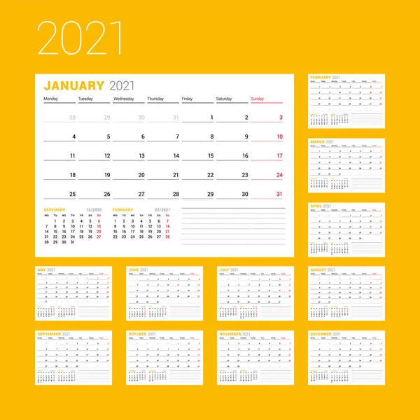 Шаблон Календаря 2021 Рік Бізнес Планувальник Дизайн Канцелярського Приладдя Тиждень — стоковий вектор