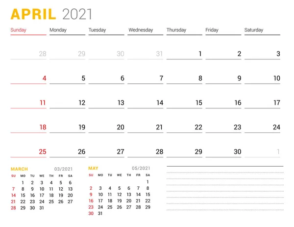 Kalender Mall För April 2021 Business Månatliga Planerare Pappersvarudesign Veckan — Stock vektor