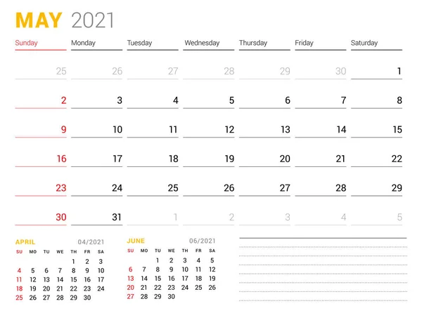 2021年5月的日历模板 商业月度计划员 文具的设计 周开始于周日 矢量说明 — 图库矢量图片