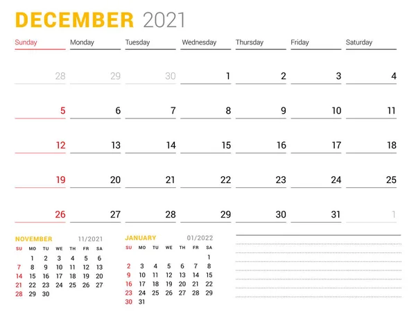 Modèle Calendrier Pour Décembre 2021 Planificateur Mensuel Entreprise Conception Papeterie — Image vectorielle