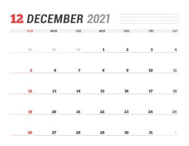 Aralık 2021 takvimi. Kırtasiye tasarımı. Hafta pazar günü başlıyor. Vektör illüstrasyonu