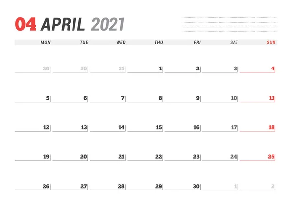 Kalenderblatt Für Den April 2021 Monatsplaner Schreibwarendesign Die Woche Beginnt — Stockvektor