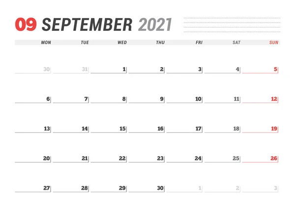 Kalenderblatt Für September 2021 Monatsplaner Schreibwarendesign Die Woche Beginnt Montag — Stockvektor