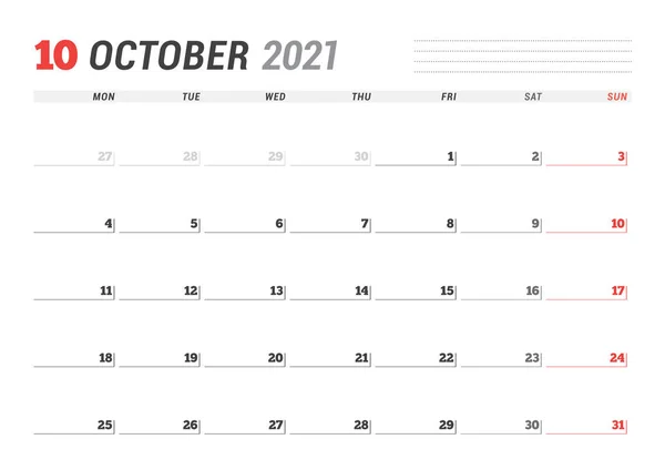 Page Calendrier Pour Octobre 2021 Planificateur Mensuel Conception Papeterie Semaine — Image vectorielle