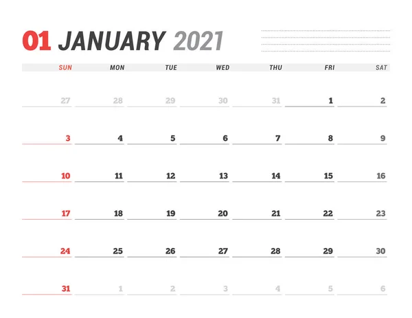 Kalender För Januari 2021 Pappersvarudesign Veckan Börjar Söndag Vektorillustration — Stock vektor
