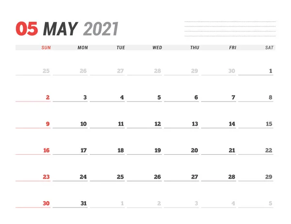 Kalender För Maj 2021 Pappersvarudesign Veckan Börjar Söndag Vektorillustration — Stock vektor