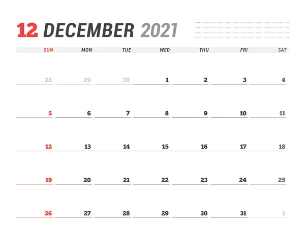 Calendrier Pour Décembre 2021 Conception Papeterie Semaine Commence Dimanche Illustration — Image vectorielle