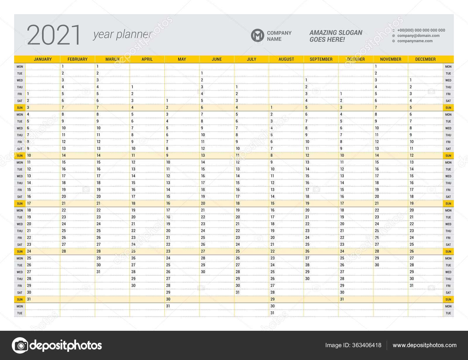 Plantilla Planificador Anual Del Calendario Para 2021 Plantilla Para Imprimir Vector Gráfico 