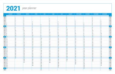 2021 için yıllık takvim planlama şablonu. Yazdırılabilir şablon. Hafta pazar günü başlıyor. Vektör kırtasiyesi tasarımı