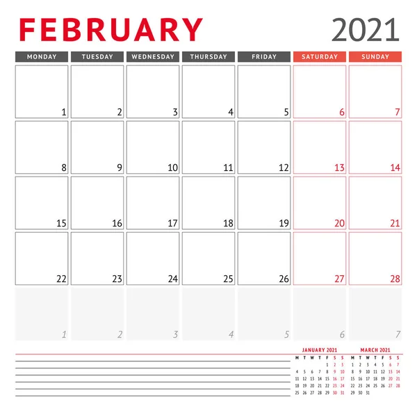 Calendar Template February 2021 Business Monthly Planner Stationery Design Week — Stock Vector