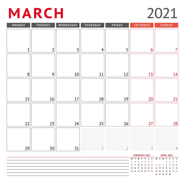 Kalender Mall För Mars 2021 Business Månatliga Planerare Pappersvarudesign Veckan — Stock vektor