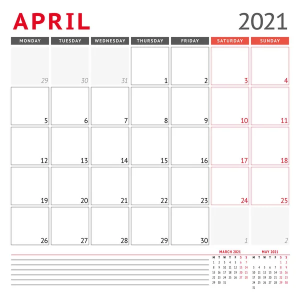 2021年4月的日历模板 商业月度计划员 文具的设计 周从星期一开始 矢量说明 — 图库矢量图片