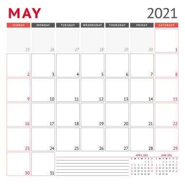 Mayıs 2021 için takvim şablonu. Kırtasiye tasarımı. Hafta pazar günü başlıyor. Vektör illüstrasyonu