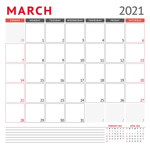 Kalender Mall För Mars 2021 Business Månatliga Planerare Pappersvarudesign Veckan — Stock vektor