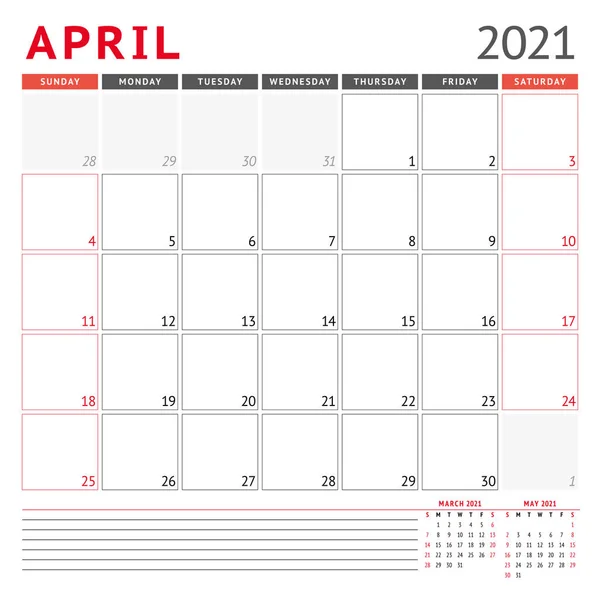 2021年4月的日历模板 商业月度计划员 文具的设计 周开始于周日 矢量说明 — 图库矢量图片