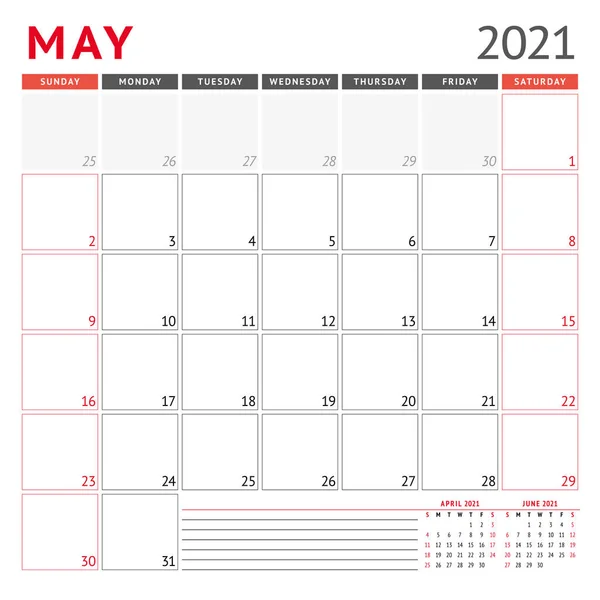 Calendar Template May 2021 Business Monthly Planner Stationery Design Week — Stock Vector