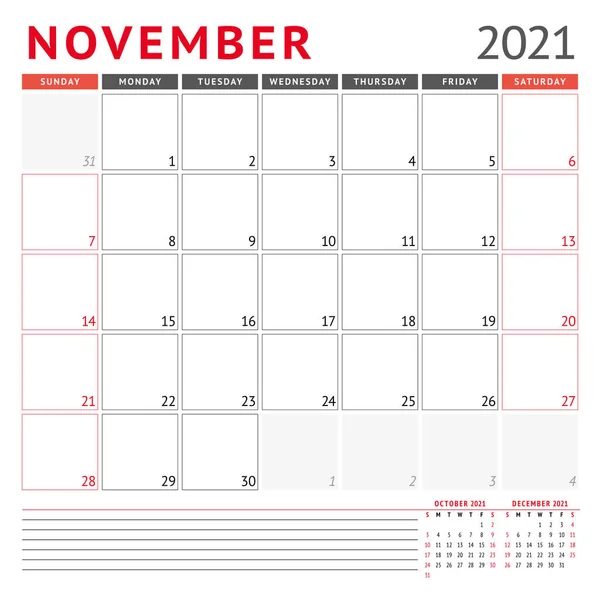 Modelo Calendário Para Novembro 2021 Planejador Mensal Negócios Design Papelaria —  Vetores de Stock