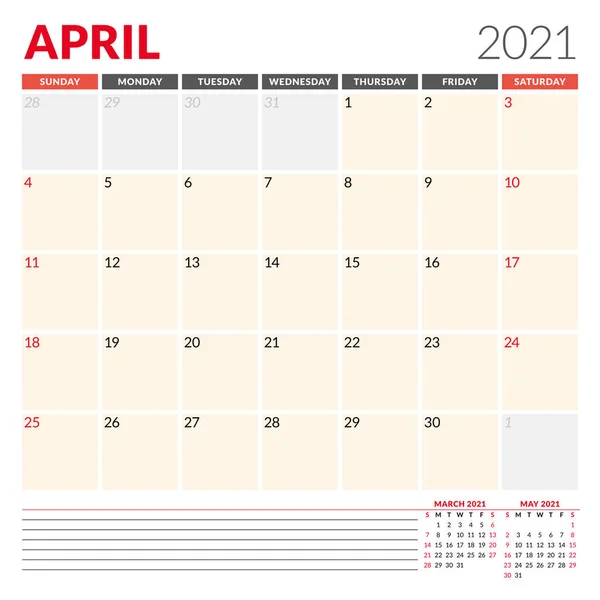 2021年4月的日历模板 商业月度计划员 文具的设计 周开始于周日 矢量说明 — 图库矢量图片