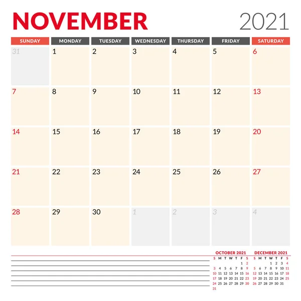 Modello Calendario Novembre 2021 Pianificatore Mensile Aziendale Progettazione Cancelleria Settimana — Vettoriale Stock