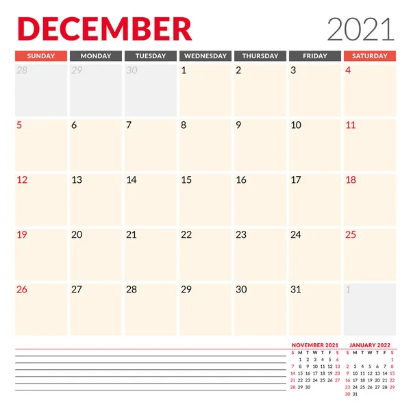 Calendar Template December 2021 Business Monthly Planner Stationery Design Week — Stock Vector