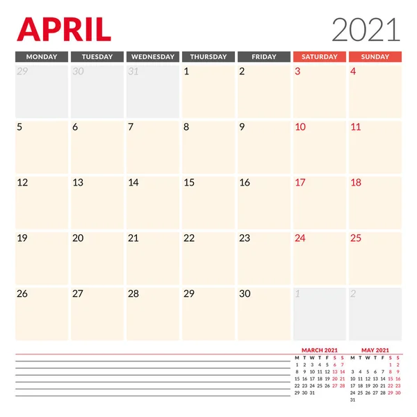 2021年4月的日历模板 商业月度计划员 文具的设计 周从星期一开始 矢量说明 — 图库矢量图片