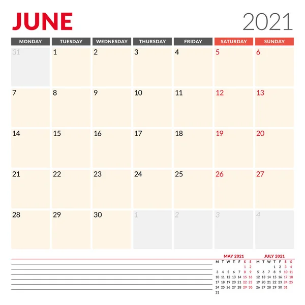 Calendar Template June 2021 Business Monthly Planner Stationery Design Week — Stock Vector