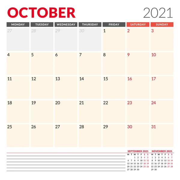 Kalendervorlage Für Oktober 2021 Schreibwarendesign Die Woche Beginnt Montag Vektorillustration — Stockvektor