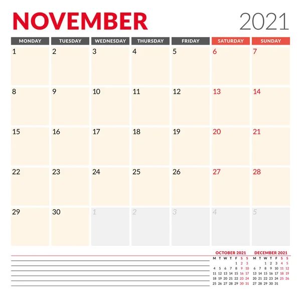 Modello Calendario Novembre 2021 Pianificatore Mensile Aziendale Progettazione Cancelleria Settimana — Vettoriale Stock