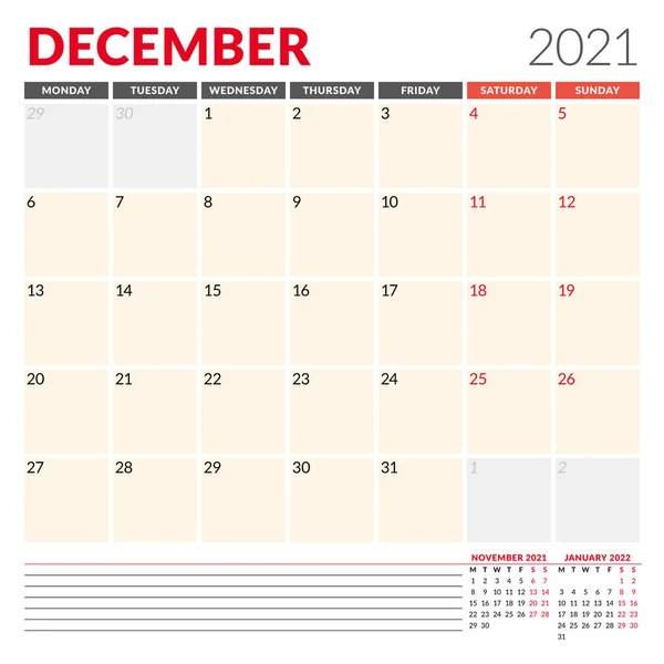 Kalender Skabelon December 2021 Forretning Månedlig Planlægger Papir Design Ugen – Stock-vektor