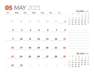 Mayıs 2021 takvim sayfası. Aylık planlamacı. Kırtasiye tasarımı. Hafta pazar günü başlıyor. Vektör illüstrasyonu
