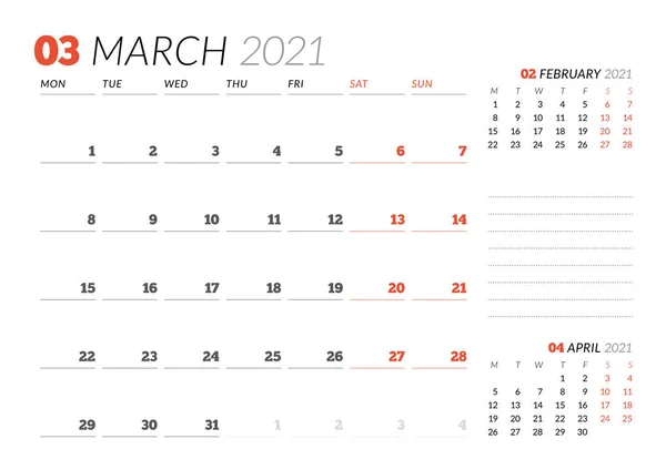 Página Calendário Para Março 2021 Planeador Mensal Design Papelaria Semana — Vetor de Stock