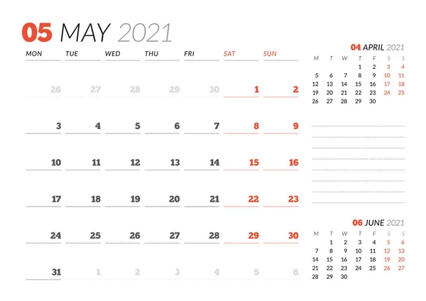 2021年5月のカレンダーページ 毎月の計画者 文房具のデザイン 週は月曜日に始まります ベクターイラスト — ストックベクタ