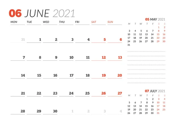 Página Del Calendario Para Junio 2021 Planificador Mensual Diseño Papelería — Vector de stock