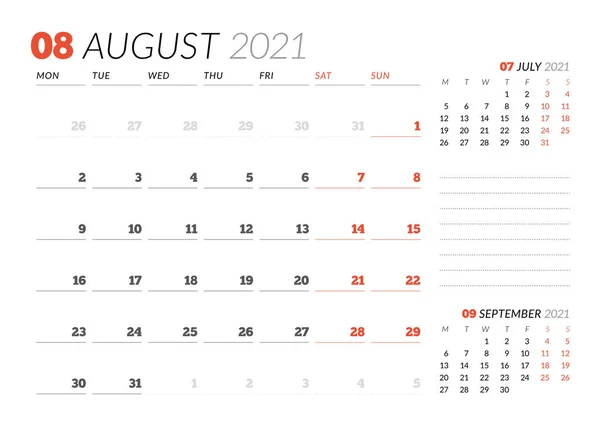 Kalenderblatt Für Den August 2021 Monatsplaner Schreibwarendesign Die Woche Beginnt — Stockvektor