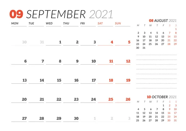 Page Calendrier Pour Septembre 2021 Planificateur Mensuel Conception Papeterie Semaine — Image vectorielle