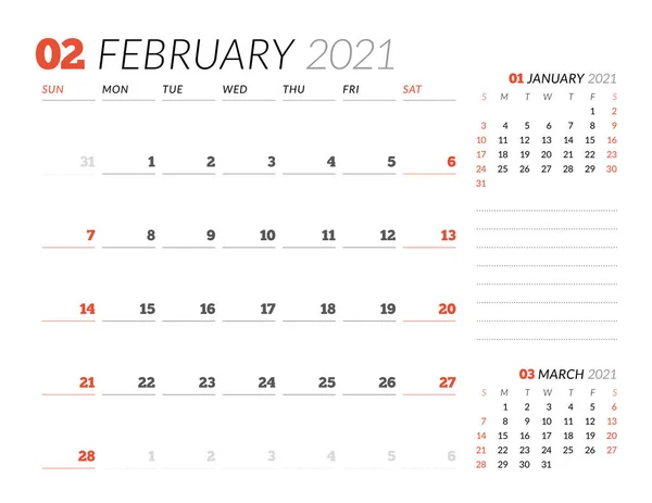 Página Calendário Para Fevereiro 2021 Planeador Mensal Design Papelaria Semana — Vetor de Stock