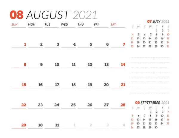 Kalenderblatt Für Den August 2021 Monatsplaner Schreibwarendesign Die Woche Beginnt — Stockvektor